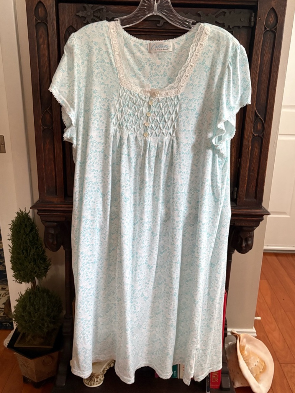 Miss Elaine’s: white with light turquoise blue Floral Nightgown with Lace Trim